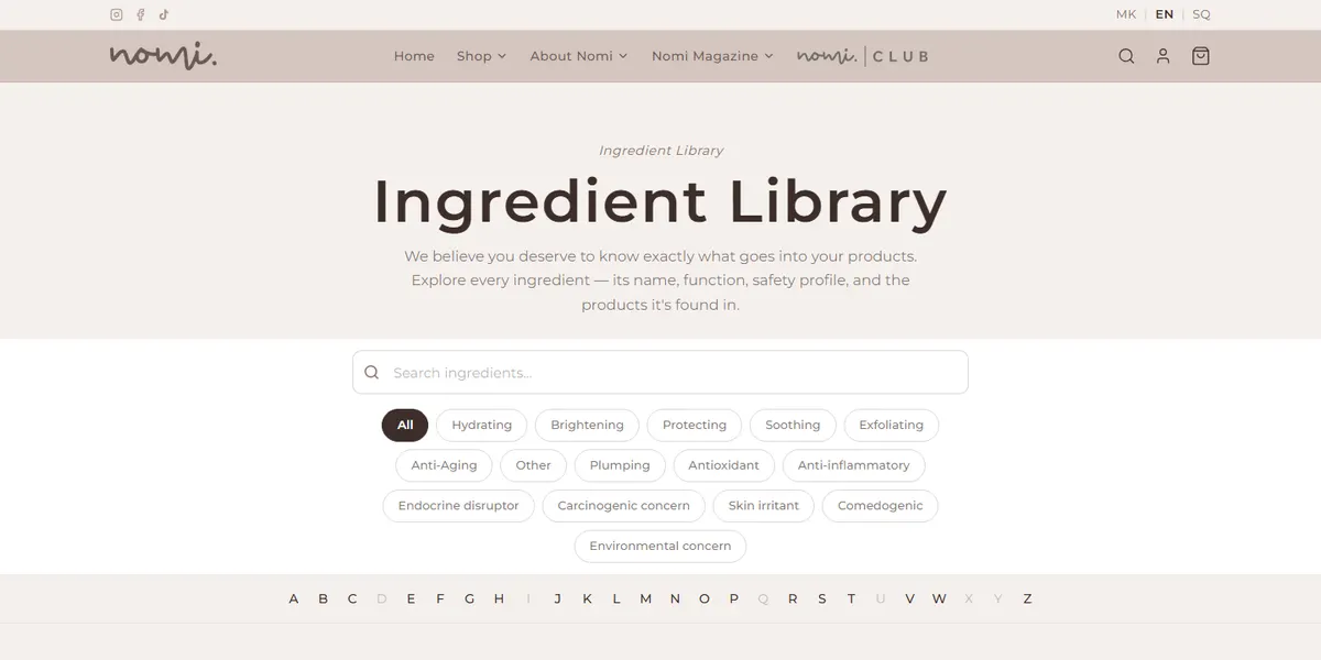 The live NOMI & YOU ingredient library in English, with the MK, EN, and SQ language switch, magazine, and loyalty club in the navigation.